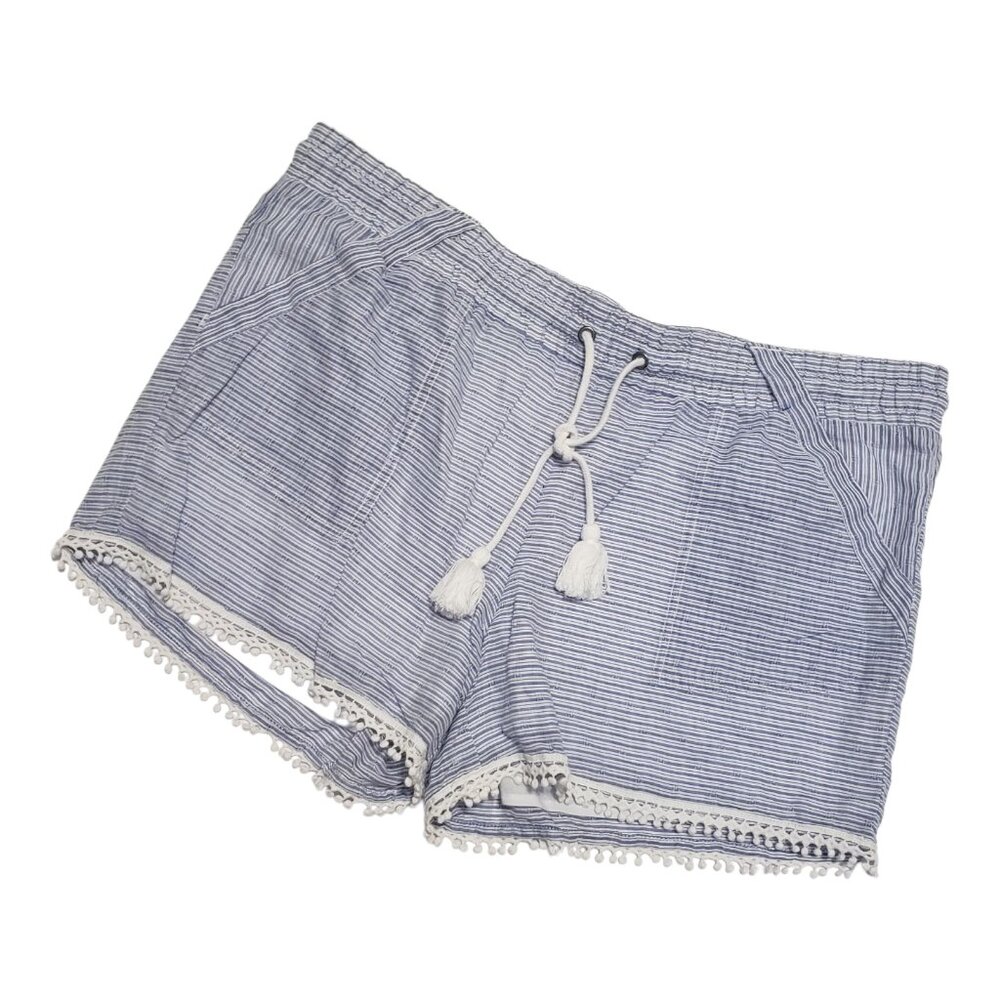 Maurices Pull On Casual Shorts Striped Women's XL Blue White Bobble Trim Coastal